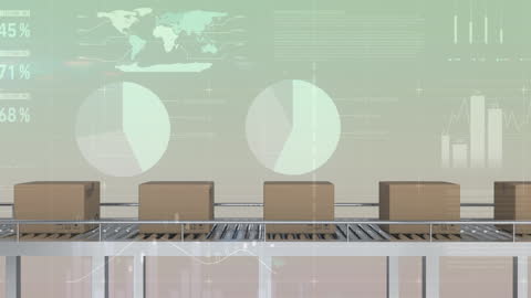 Digital Data Overlay on Conveyor Belt with Moving Boxes