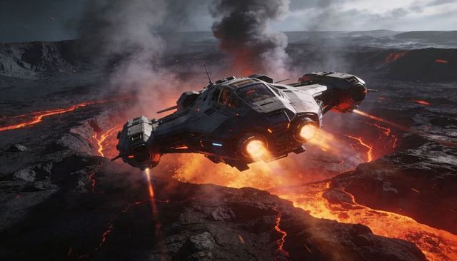 Armored dropship hovering over volcanic crater emitting blazing thrusters and lava glow