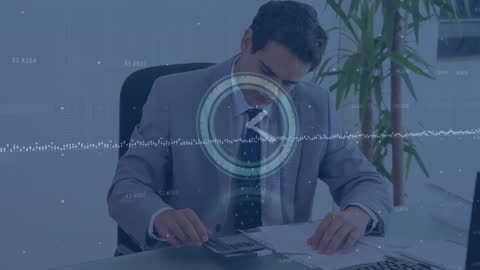 Stressed Businessman with Digital Finance Overlay Concept