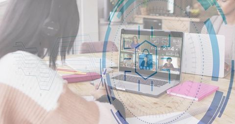 Teen studying at home with laptop virtual math class and futuristic hud overlay