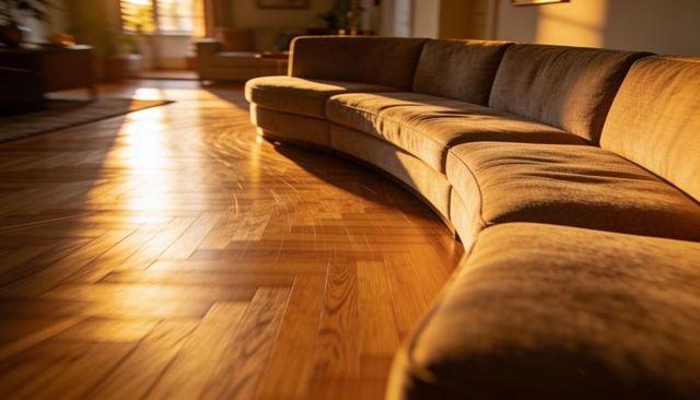 Curved sectional sofa bathing in golden sunlight on parquet floor
