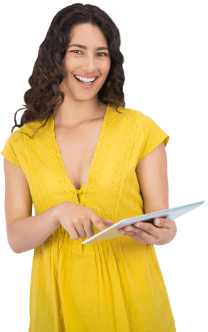Smiling Woman in Yellow Top Using Tablet Transparent Background