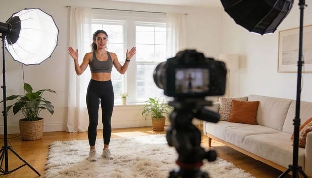 Female fitness coach recording home workout with dslr on tripod and softbox lighting