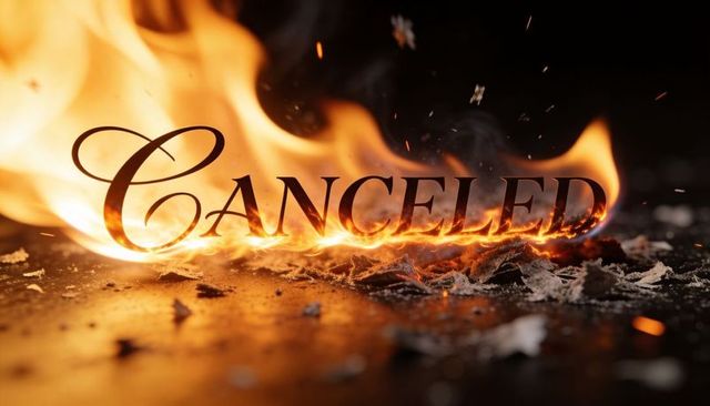 Canceled text burning with realistic flames and embers on charred surface dramatic moody