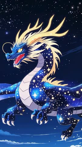 Cosmic Dragon Hovering in Starry Sky with Golden Frills | Vertical Fantasy Video Loop