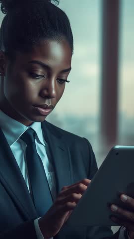 Vertical Video: Woman Reviewing Reports on Tablet in Corporate Office, Scrolling and Analyzing Data