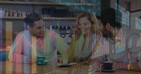 Young professionals discussing stock charts over coffee in cafe with digital data overlays