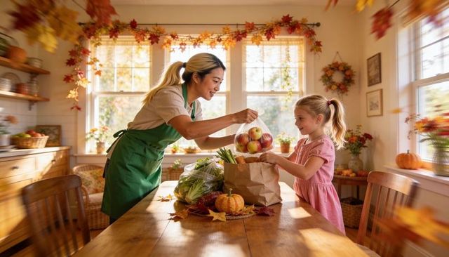 Autumn kitchen harvest handing bag of apples from green-aproned caregiver to smiling girl