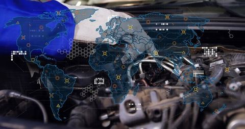 Mechanic Innovating Auto Engine with Digital World Map Overlay