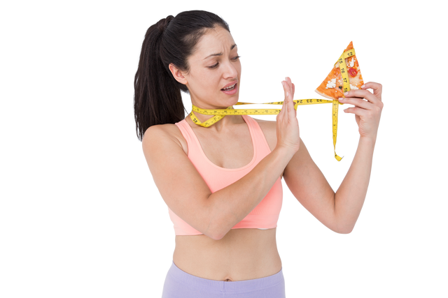 Woman Holding Pizza Slice with Measuring Tape, Facing Temptation - Download Free Stock Videos Pikwizard.com