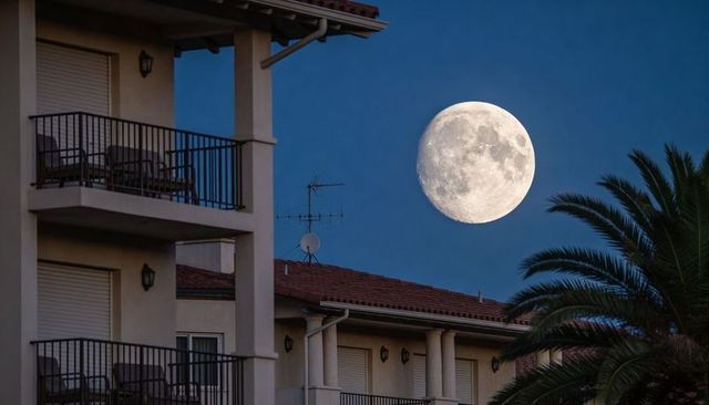 Full moon rising over apartment balconies and tiled roof with palm silhouette at dusk
