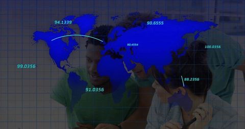 Team collaborating over interactive global analytics map showing geospatial data flow and insights