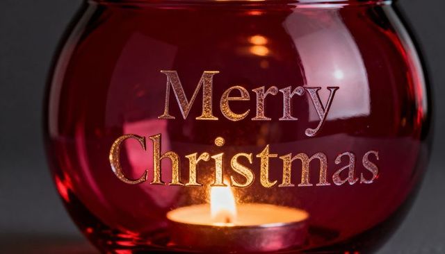 Glowing red glass votive casting warm candlelight with merry christmas lettering closeup