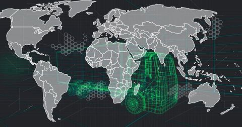 Holographic 3d wireframe visualizing geospatial analytics over global digital map