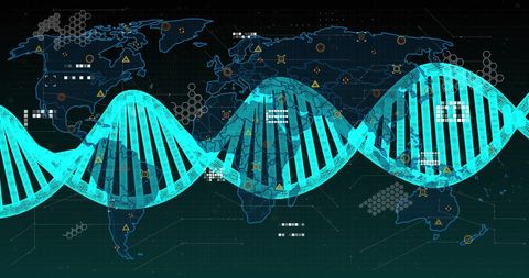 Futuristic dna strand overlaying digital world map