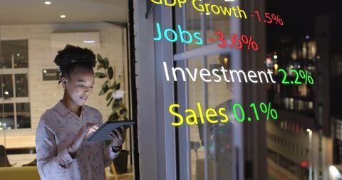 Businesswoman Analyzing Financial Data on Tablet at Night