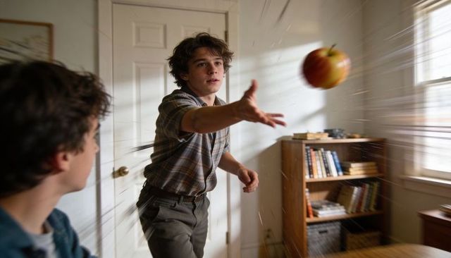 Teen tossing apple in home study reaching forward with dramatic motion blur
