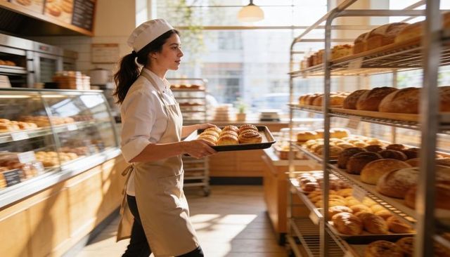 Sunlit artisan baker carrying tray of braided rolls toward display racks