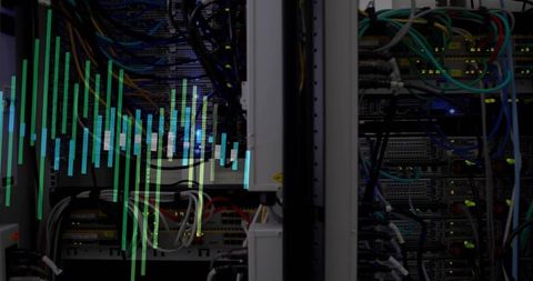 Displaying network server rack with colored ethernet cables, led indicators, digital waveform overla