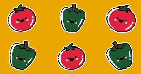 Playful Cartoon Style Tomatoes and Peppers on Bright Yellow