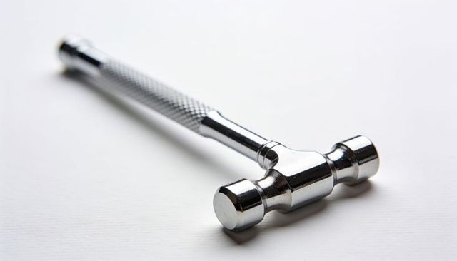 Polished chrome double-headed hammer with knurled handle macro studio still life on white background
