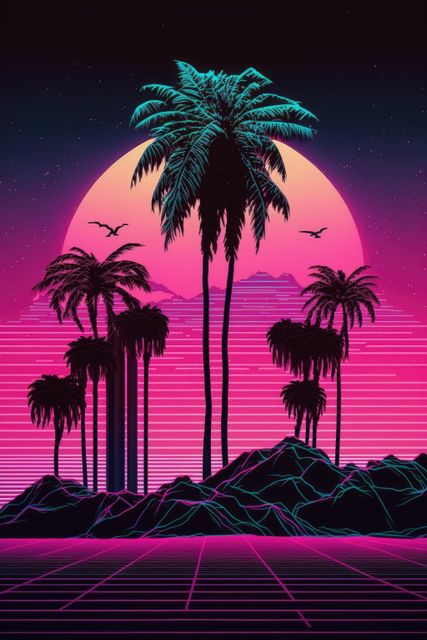 Pink and purple landscape with sun, palm trees and mountains, created using generative ai technology - Download Free Stock Photos Pikwizard.com