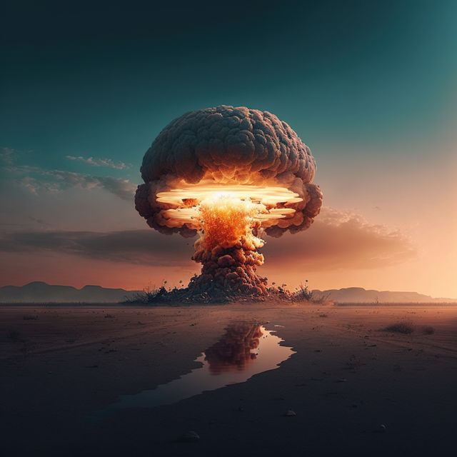 Illustrating a powerful and dramatic nuclear explosion with a mushroom cloud forming in a vast desert landscape during sunset. This image can be used to represent themes of war, destruction, or apocalyptic scenarios. Ideal for illustrating news articles, scientific discussions on nuclear energy, or editorial content on global threats and warfare.