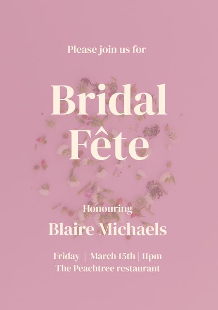 Invitation features soft pink background with delicate floral details, perfect for bridal parties, sophisticated events, and elegant wedding celebrations. Ideal for use as a bridal shower invitation, event announcement, or party invite.