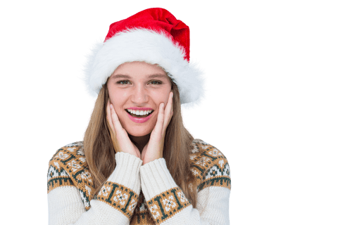 Happy Woman Wearing Christmas Santa Hat on Transparent Background