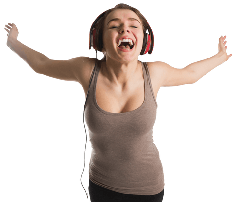 Euphoric Young Woman Wearing Headphones on Transparent Background
