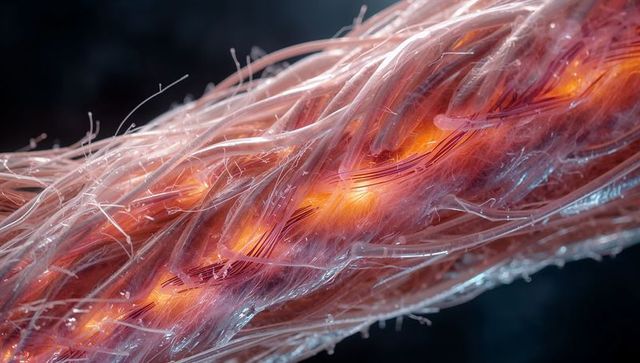 Macro view of glowing braided translucent filaments with orange cores and dewy fibrils