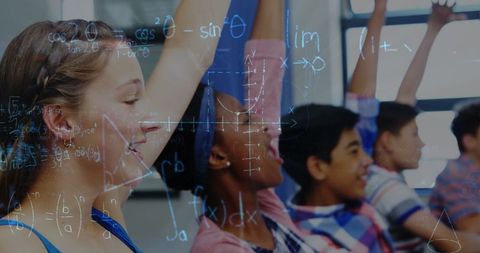 Schoolchildren engaging in math lesson with holographic equations