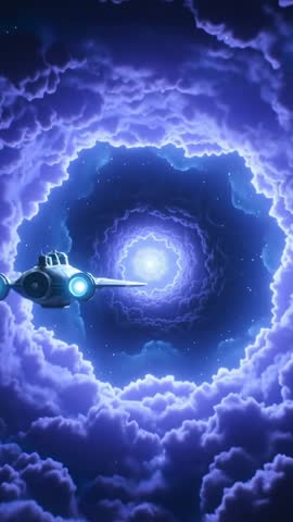Thruster-Firing Craft Flying into Glowing Cyan Vortex Tunnel Vertical Sci-Fi Flight