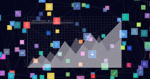 Digital network icons overlaying statistical data and world map