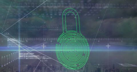 digital padlock hologram representing cybersecurity in modern cityscape - Download Free Stock Images Pikwizard.com