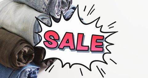 Stacked denim jeans with sale promotion graphic