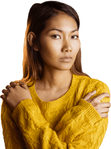 Serious Asian Woman in Yellow Sweater with Transparent Background