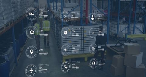 Diverse team analyzing real-time data in modern warehouse
