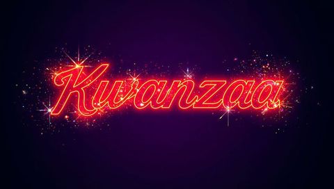 Neon Kwanzaa Script Sign with Sparkling Confetti and Starbursts on Deep Purple Background