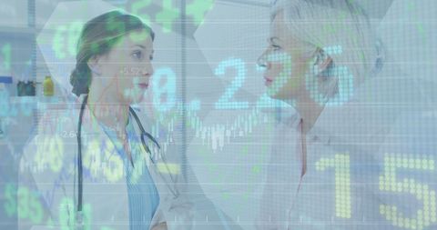 Healthcare Professionals Discussing with Stock Market Statistics Overlay