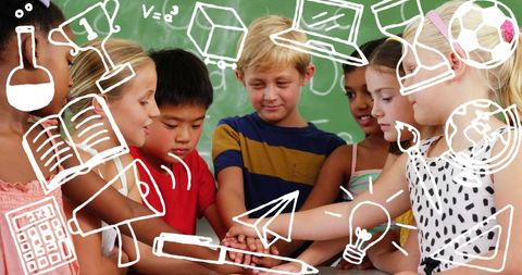Diverse Children Learning in Classroom with Educational Icons - Download Free Stock Images Pikwizard.com