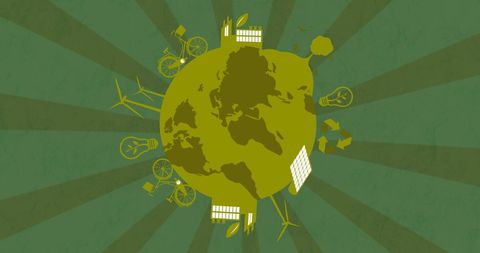 Eco-friendly globe with renewable energy symbols