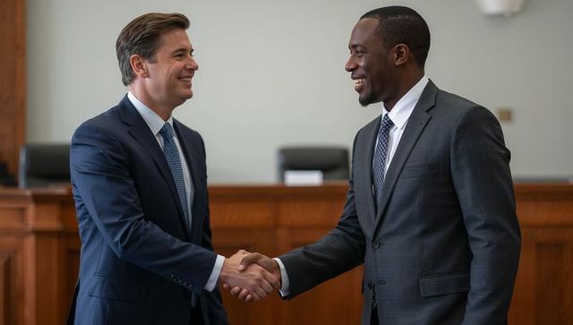 Lawyers shaking hands in courtroom before judge bench celebrating legal agreement