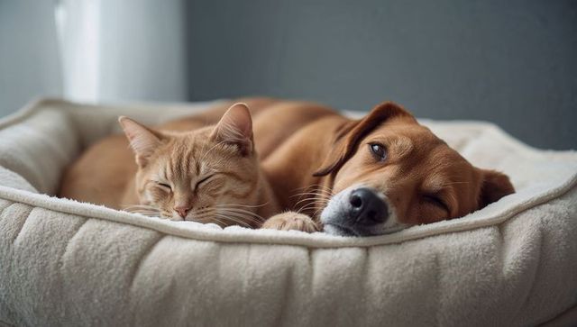 Snuggling tabby cat and tan dog resting on plush cream pet bed