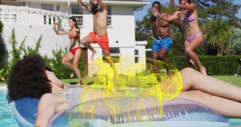 Sunbathing woman on inflatable lounger with friends jumping into backyard pool and yellow overlay