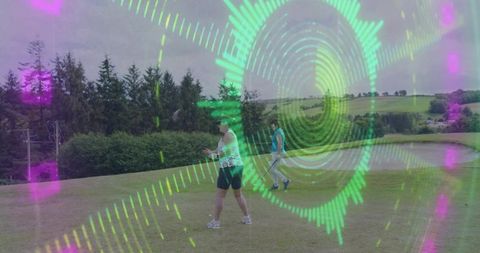 Women walking fairway with neon digital hud overlay for golf tech and fitness