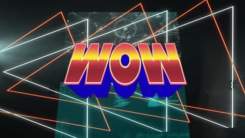 WOW Text with Neon Abstract Shapes and Digital Interface