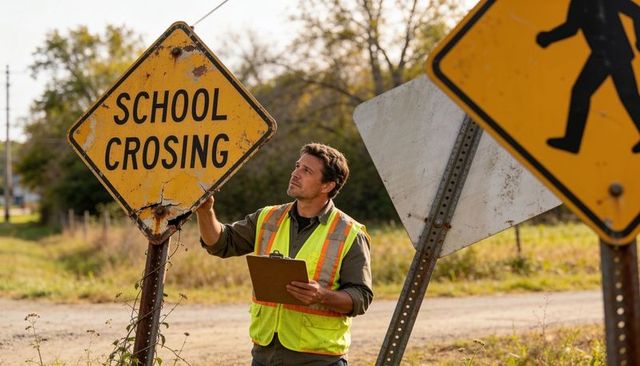 Worker inspecting weathered school crossing sign on rural gravel road with clipboard