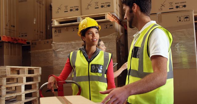 Warehouse Workers Arranging Boxes and Collaborating on Tasks - Download Free Stock Images Pikwizard.com