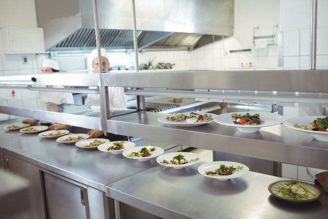Chefs are busy preparing and plating dishes at an order station in a commercial kitchen. This image is ideal for illustrating professional culinary environments, teamwork in the kitchen, and the process of food preparation in restaurants. It can be used for articles, blogs, or advertisements related to the culinary industry, restaurant management, and cooking schools.